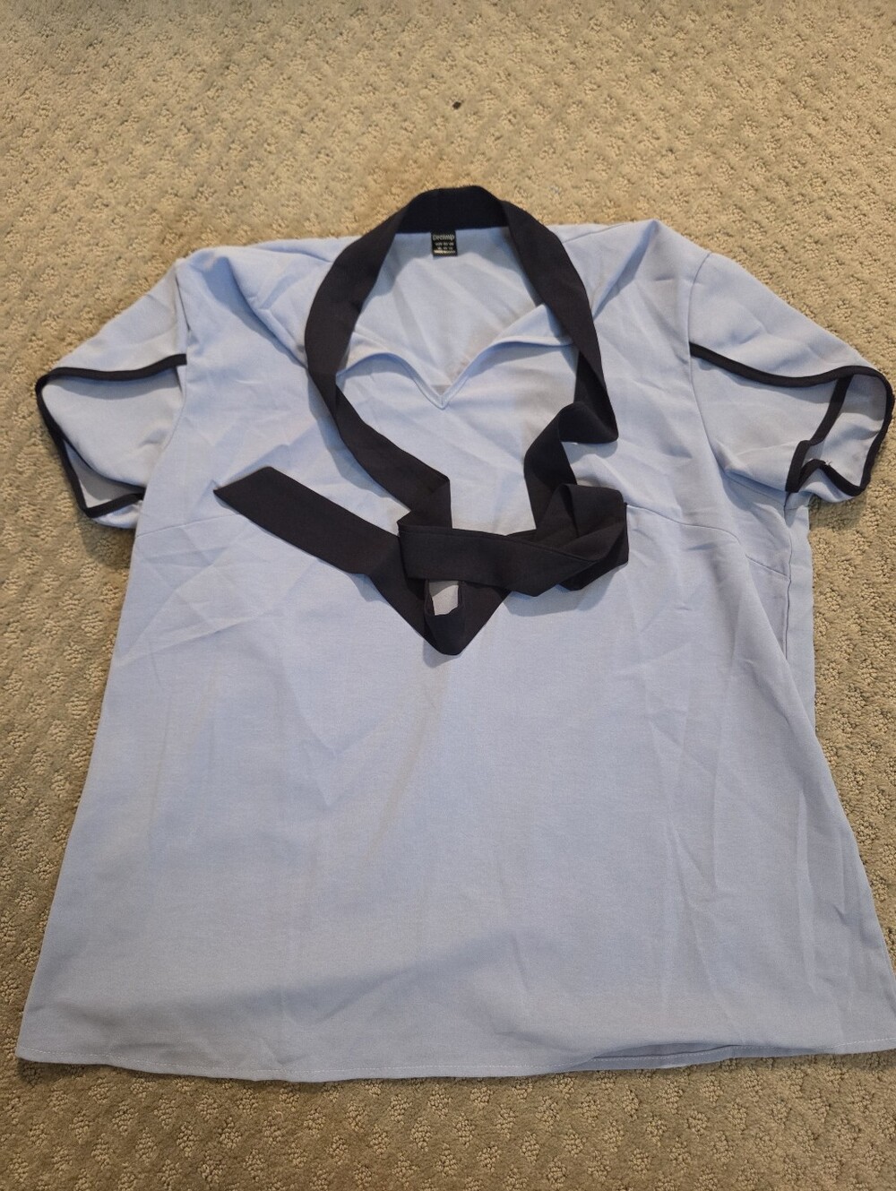 Light Blue Womens Sleeveless Blouse with Navy Trim